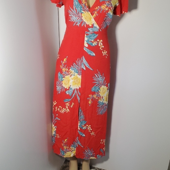 Leith Floral Print Maxi Red Dress Short Flutter Sleeves, Size S - Picture 4 of 11